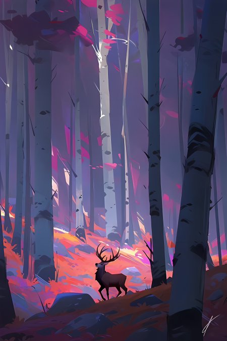 紫色森林中鹿剪影与粉色落叶梦幻风景插画手机壁纸