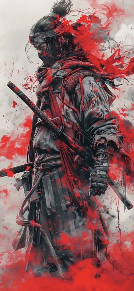 蒙面武士双刀鲜血飞溅水墨风格动漫人物手机壁纸