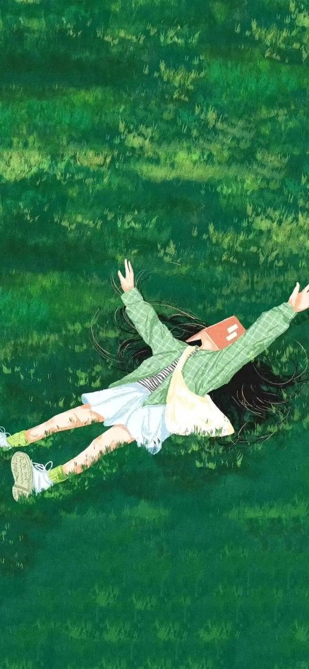 女孩躺草地书本遮脸绿色系治愈系卡通手机壁纸