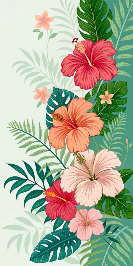热带芙蓉花与龟背竹绿叶清新植物插画手机壁纸