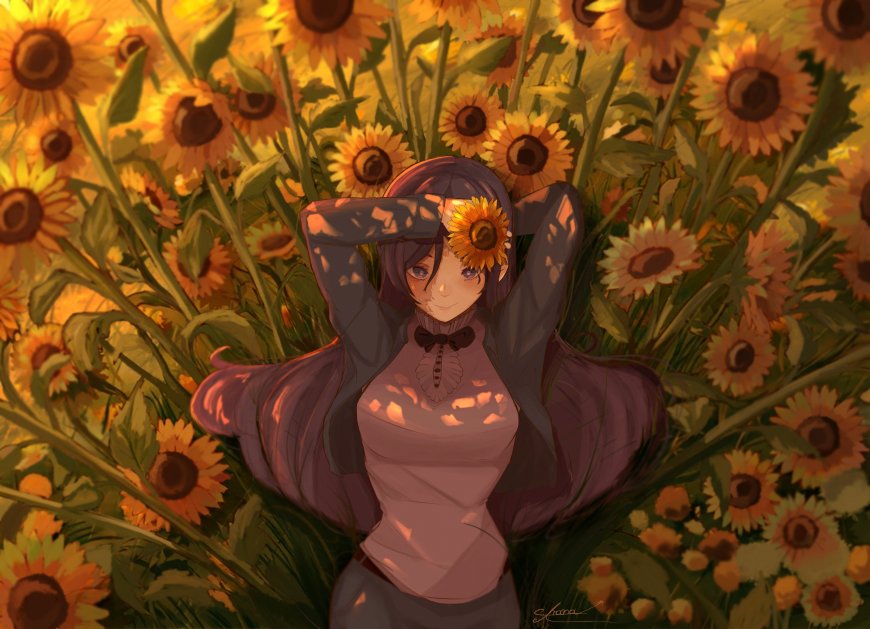 少女向日葵花海躺卧治愈系动漫电脑壁纸