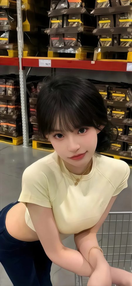 超市购物车旁黄衣短发美女人物手机壁纸