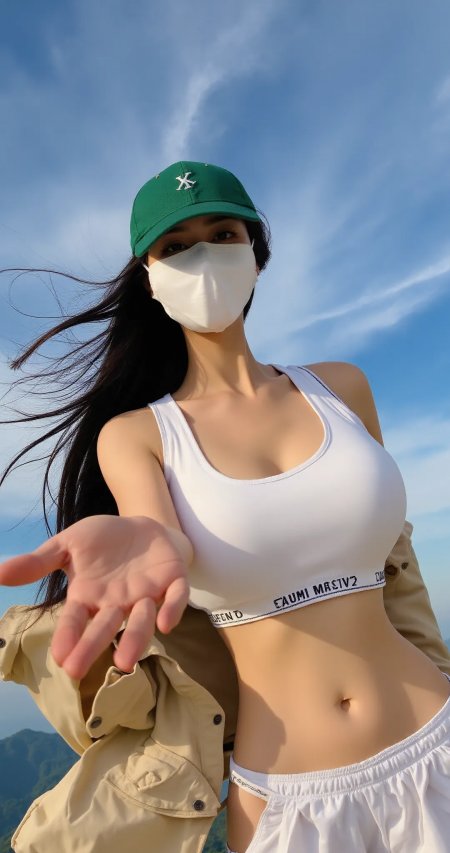 绿帽白衣美女户外伸手互动写真手机壁纸