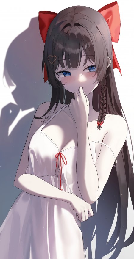 红蝴蝶结少女白裙羞涩动漫少女手机壁纸