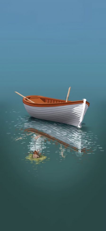 平静水面漂浮白色小船倒影插画手机壁纸