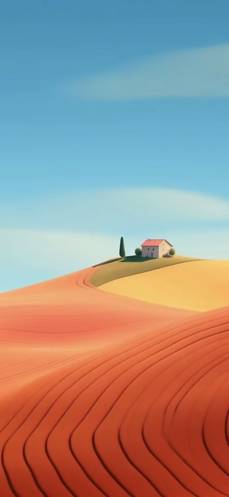 橙红丘陵上白色小屋与绿树田园风景手机壁纸