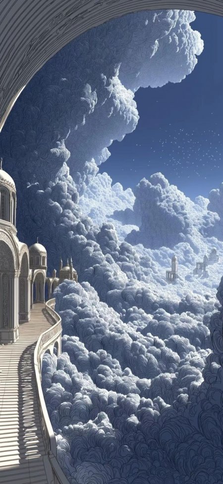 云海之上白色宫殿建筑群梦幻AI创意插画手机壁纸