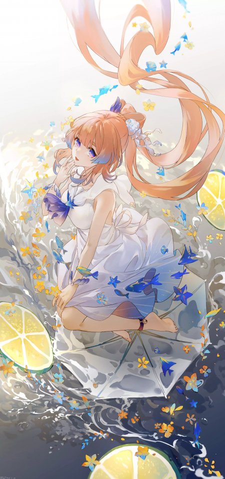原神珊瑚宫心海撑伞坐水中柠檬金鱼环绕动漫少女手机壁纸