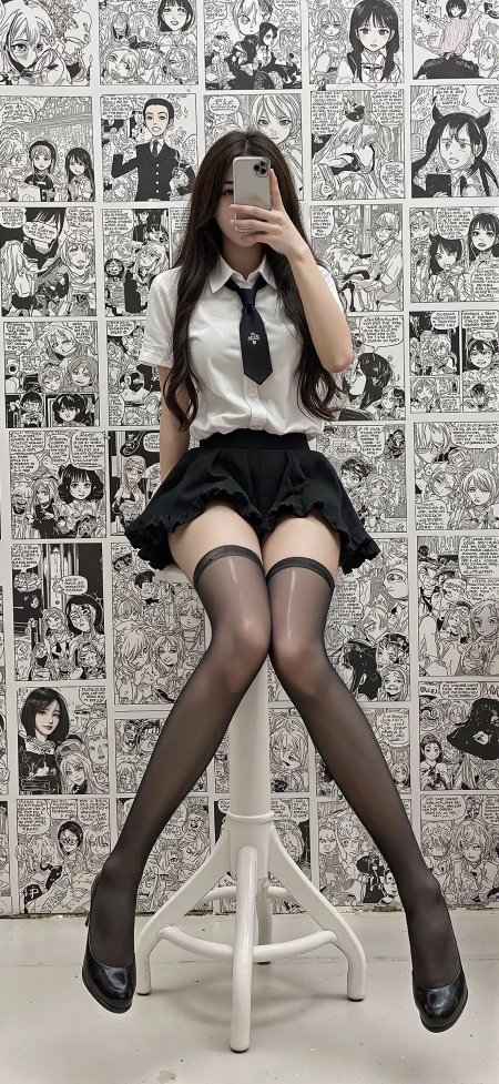 白衬衫黑领带短裙黑丝美女坐高脚凳自拍美女手机壁纸