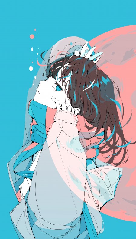 动漫少女蓝粉撞色背景托腮侧脸蓝瞳少女动漫少女手机壁纸