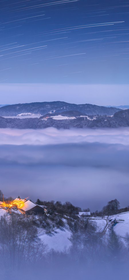 冬夜山间云海星空长曝光风景手机壁纸