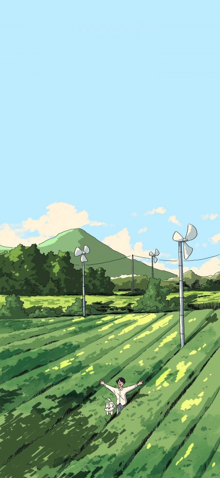 韩国插画师0_00jakup男子与白狗田野风车自然风光治愈插画手机壁纸