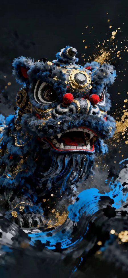 蓝金醒狮传统民俗艺术创意手机壁纸