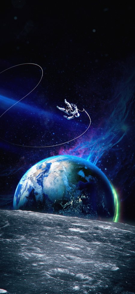 宇航员漂浮太空地球月表星空科幻创意手机壁纸