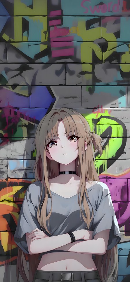 涂鸦墙前棕发少女动漫少女手机壁纸