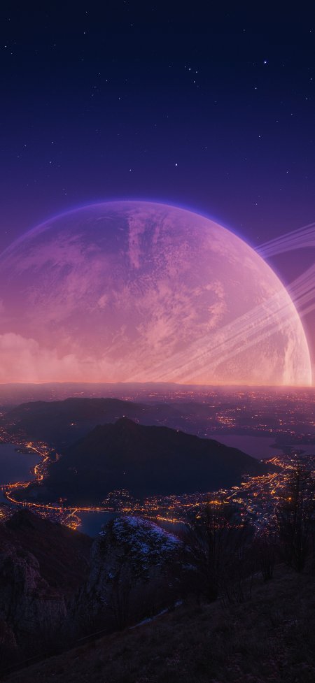 紫色星球悬于城市上空科幻夜景风景手机壁纸