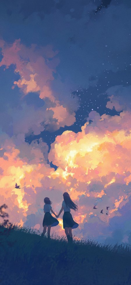 少女牵手背影黄昏云彩唯美插画风景手机壁纸