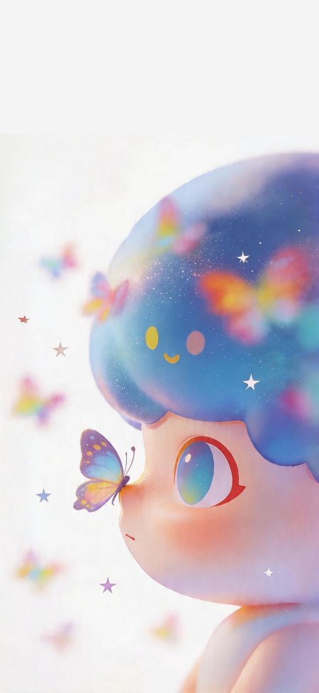 Dimoo蓝发蝴蝶环绕梦幻星空背景动漫少女手机壁纸