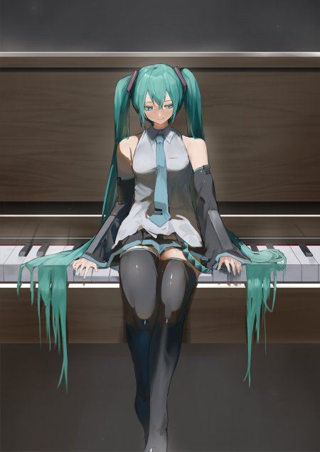初音未来双马尾绿发坐钢琴少女动漫手机壁纸