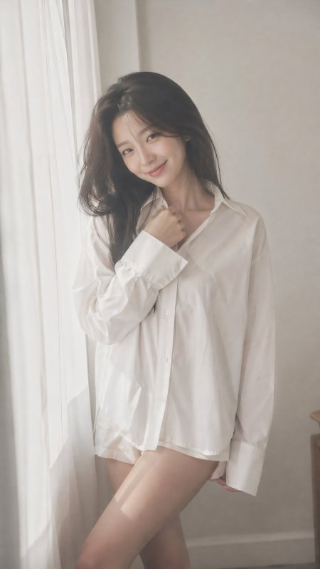 白色衬衫美女窗边侧身微笑自然光写真美女手机壁纸