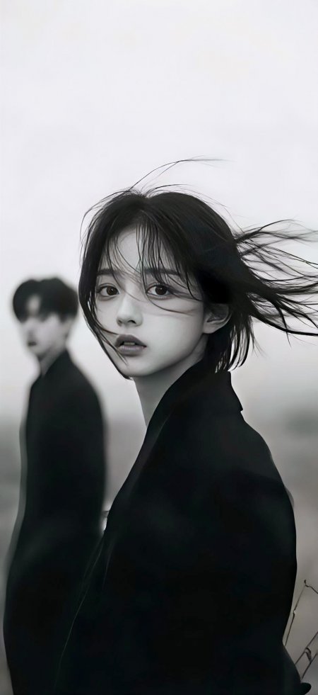 黑白风长发美女回眸艺术手机壁纸