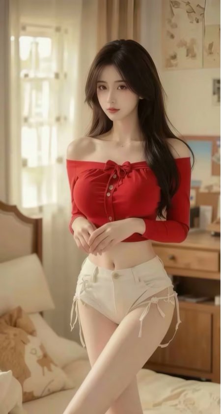 红上衣白短裤美女卧室写真手机壁纸