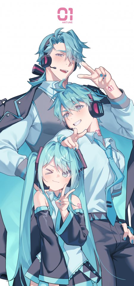 初音未来与蓝发角色合影动漫手机壁纸