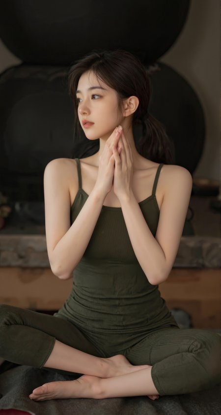 绿衣美女盘腿打坐瑜伽手机壁纸