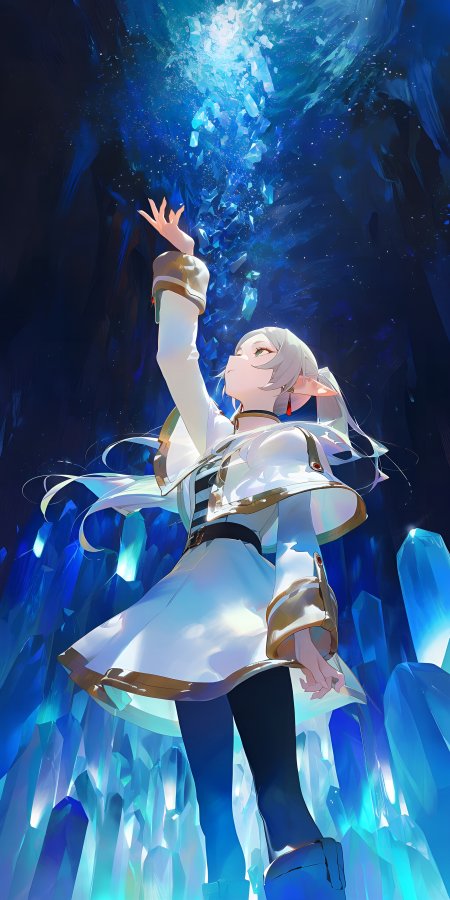 白发少女触摸蓝色水晶动漫手机壁纸