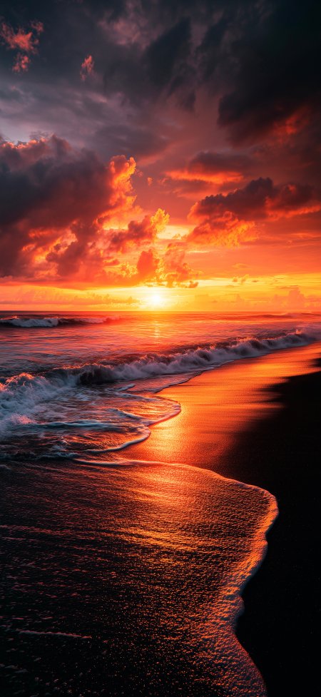 海边日落火烧云晚霞海浪沙滩自然风光风景手机壁纸