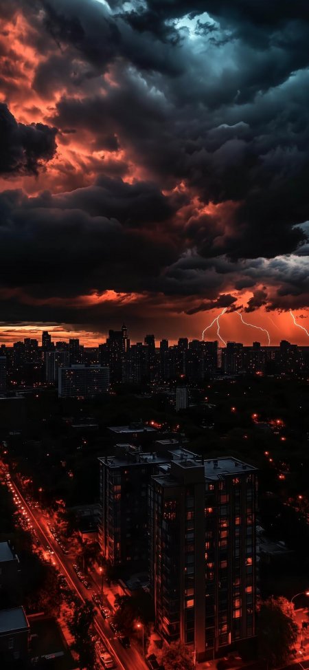 城市上空雷电交加血色晚霞震撼风景手机壁纸