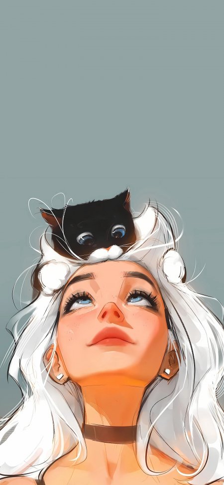 白发美女与黑猫头顶互动动漫手机壁纸