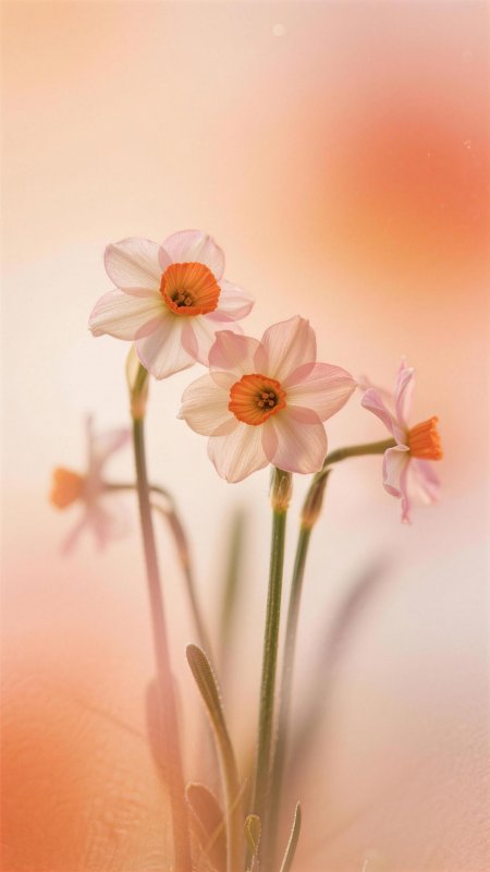 粉白水仙花橙色花心春日花卉风景手机壁纸