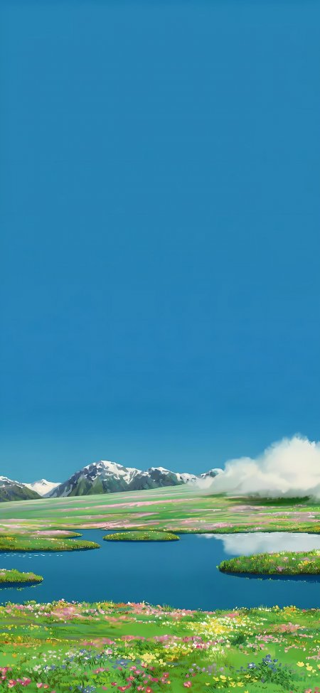 宫崎骏动画风格草原湖泊雪山风景动漫手机壁纸