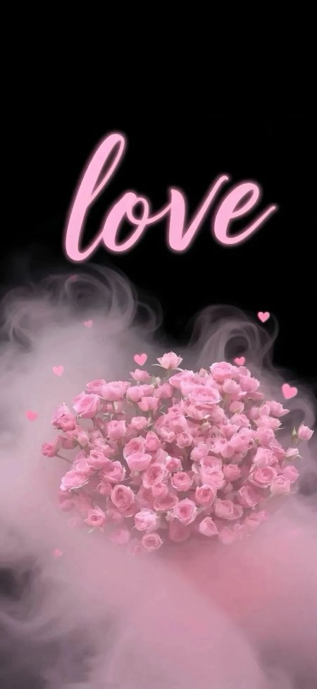 粉色玫瑰花束love文字烟雾爱心浪漫创意手机壁纸