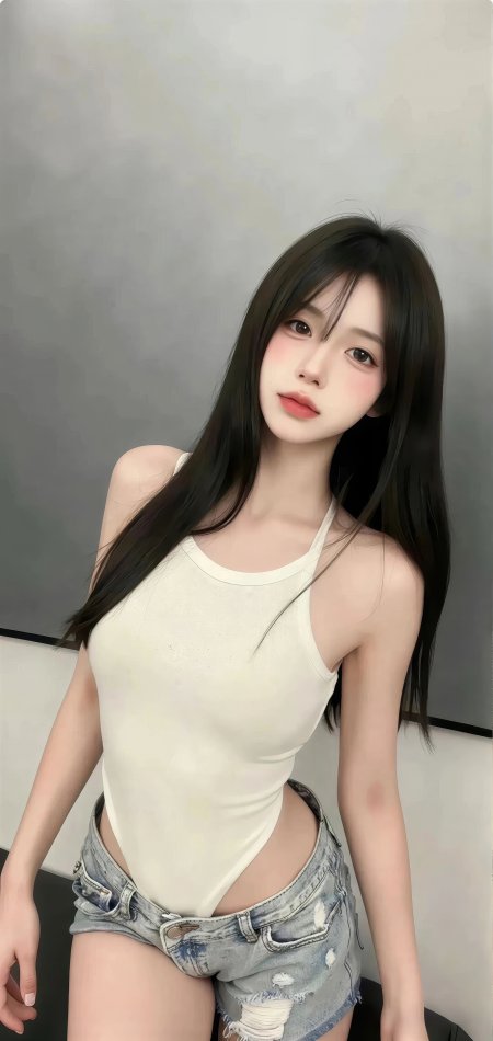 白色吊带牛仔短裤美女室内人像手机壁纸