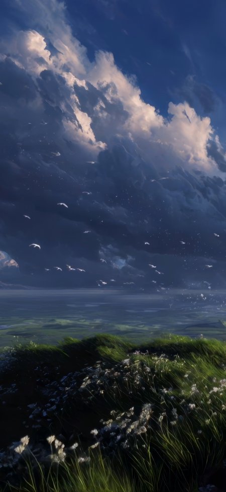 草原湖泊与飞鸟云层插画风景手机壁纸