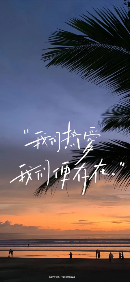 海滩日落椰树剪影文字我们热爱我们便存在风景手机壁纸
