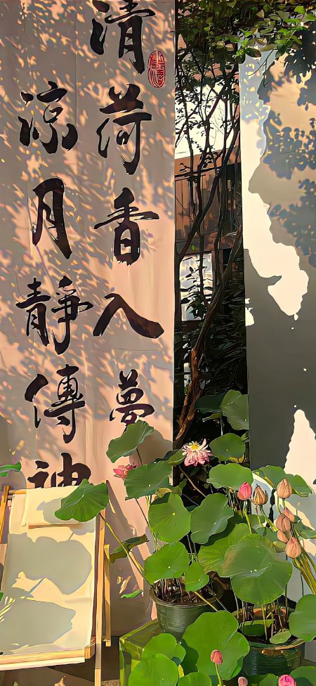 荷花书法与树影禅意艺术创意手机壁纸