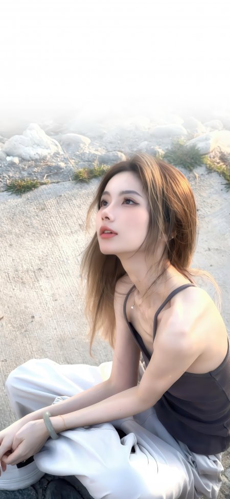 海边岩石美女白裤黑背心自然风光手机壁纸