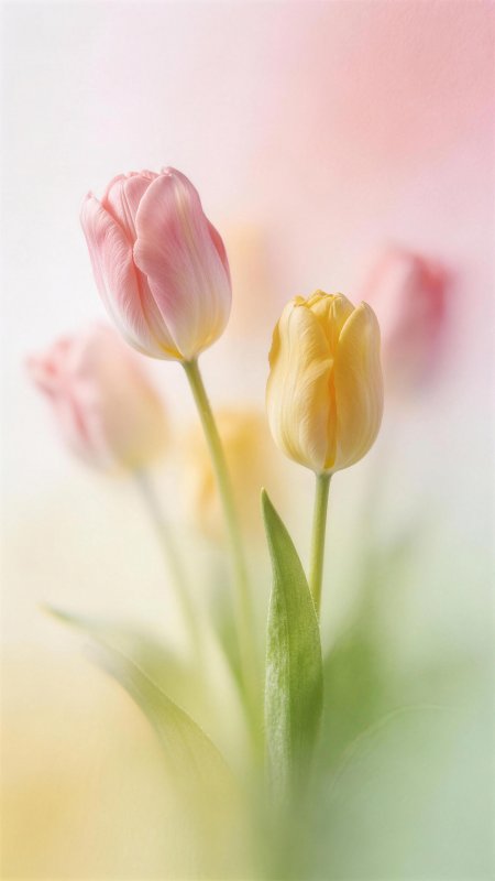 粉黄郁金香特写春日清新花卉风景手机壁纸