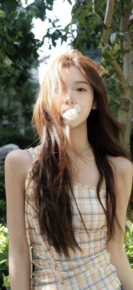 格子吊带美女花园持花自然光摄影手机壁纸
