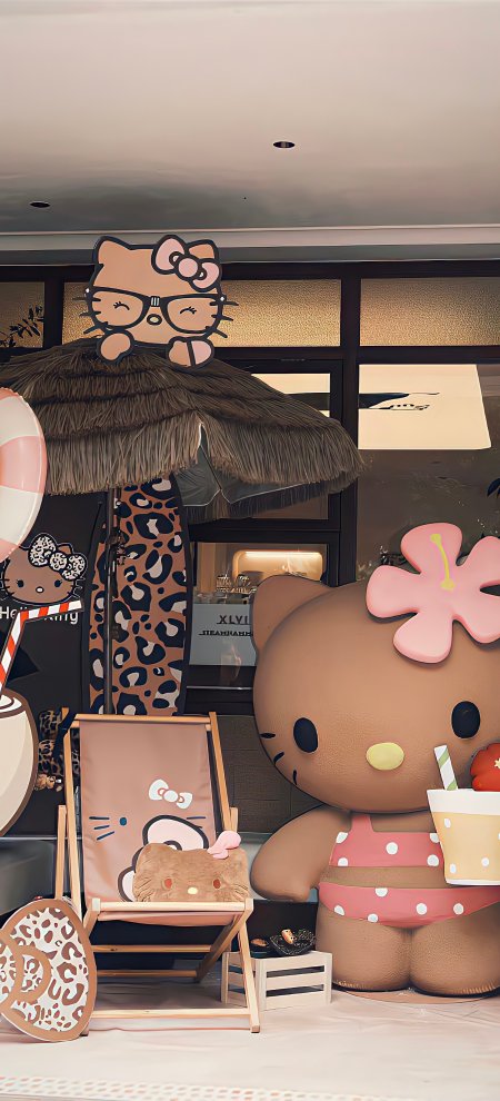 HelloKitty泳装豹纹遮阳伞度假场景动漫手机壁纸
