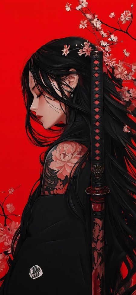 黑发红瞳少女持武士刀樱花背景动漫手机壁纸