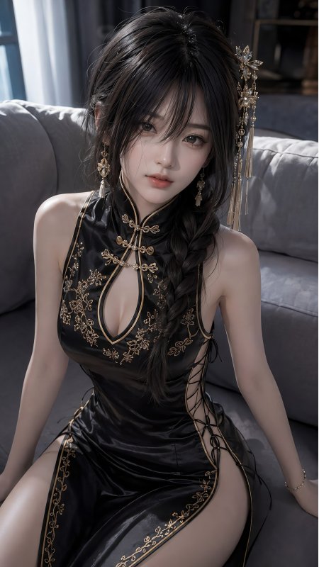 黑金旗袍美女沙发坐姿典雅国风人物手机壁纸