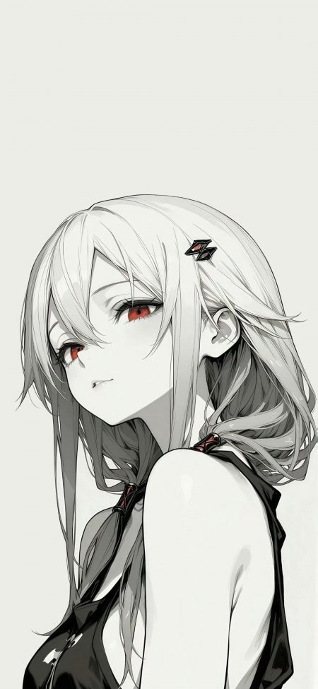 红瞳白发少女二次元动漫绘画手机壁纸