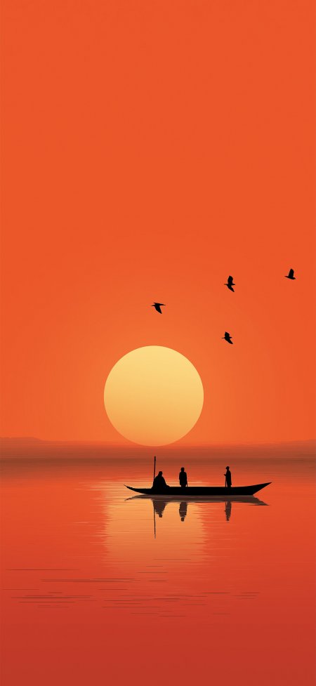 湖面夕阳小船飞鸟剪影宁静风景手机壁纸