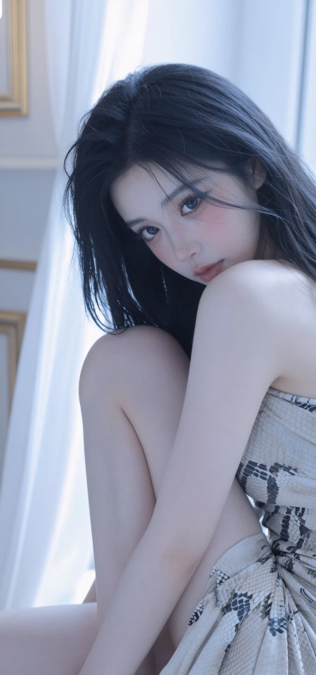 黑发美女蛇纹抹胸裙室内柔美人物手机壁纸