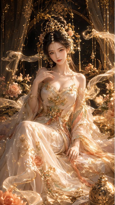 金冠华服美女端坐花间光影奢华人物手机壁纸