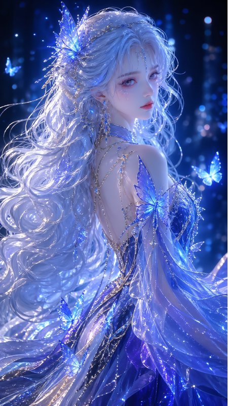 蓝发少女蝴蝶环绕梦幻光影动漫手机壁纸